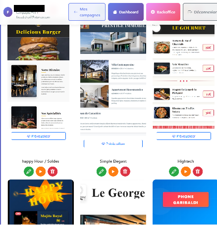 Interface de l'application KioskShare — gestion des designs et diffusion